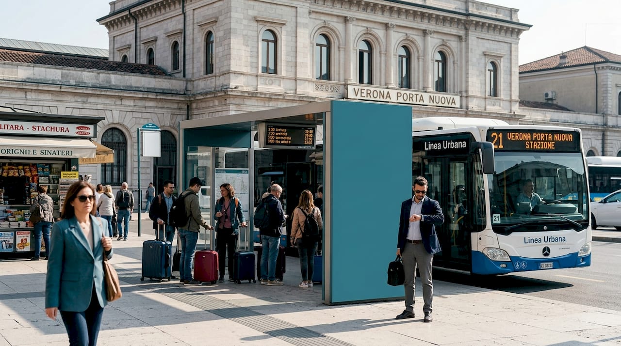 Salita a bordo degli autobus nei pressi della stazione di Verona Porta Nuova
