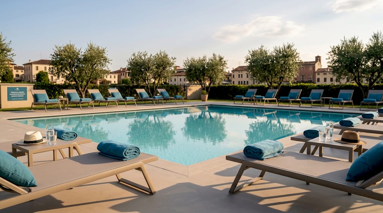 Zona piscina dell’hotel a Verona completamente vuota, con lettini pronti per essere utilizzati.