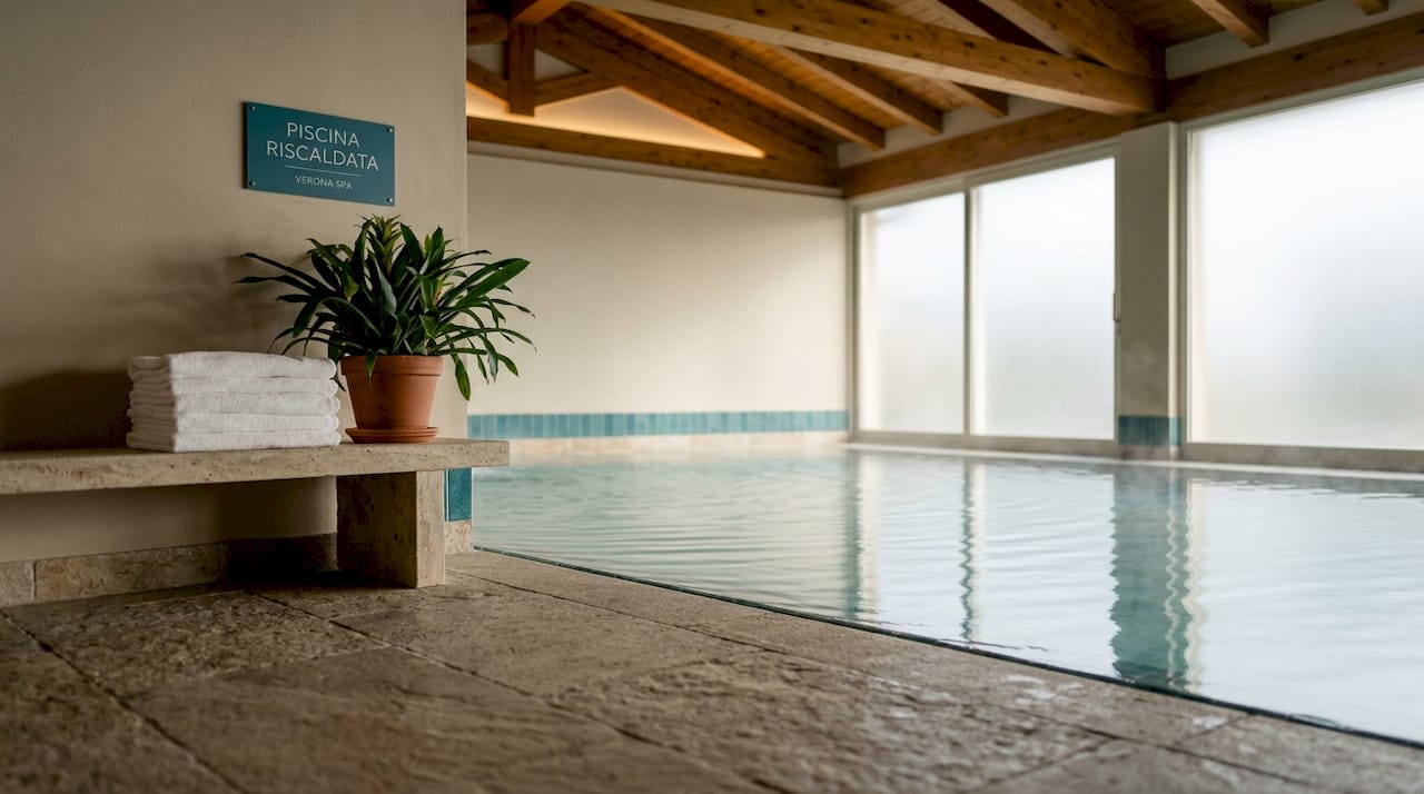 Piscina interna riscaldata in hotel, dotata di asciugamani e circondata da piante.