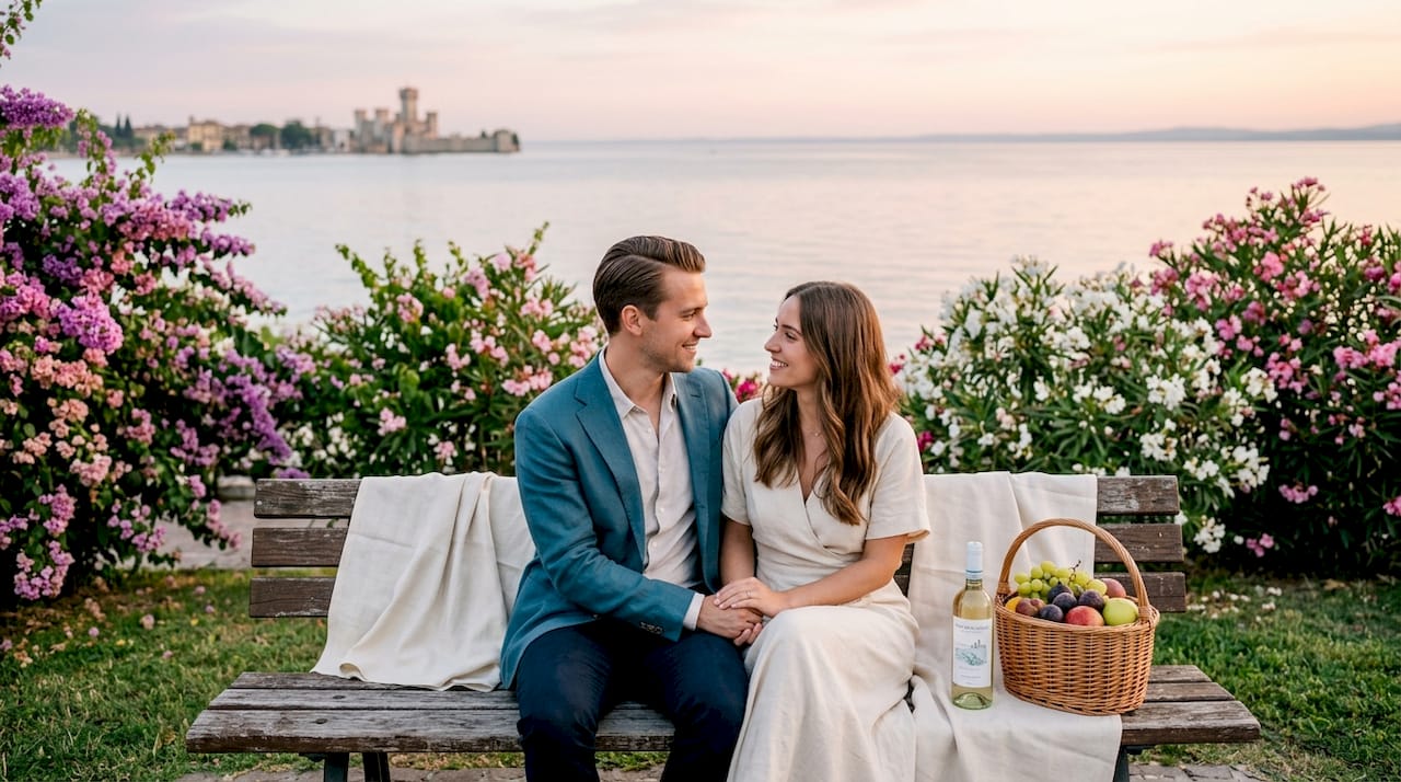 Una coppia si gode un momento romantico ammirando il tramonto sulle rive del Lago di Garda.