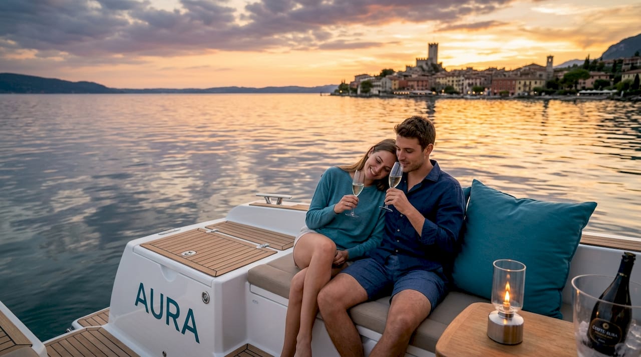 Una coppia si gode un suggestivo tour in barca sul Lago di Garda al tramonto, immersa in un'atmosfera romantica e magica.