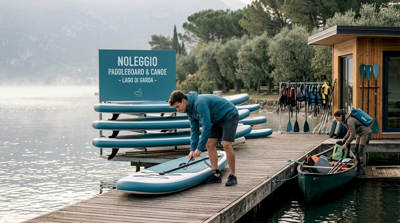 Noleggio di SUP al mattino sul Lago di Garda: il modo perfetto per iniziare la giornata sull’acqua.