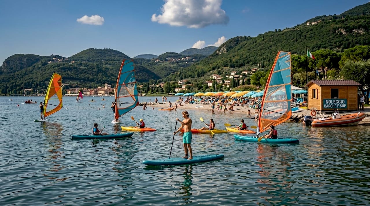 Sul Lago di Garda è un vero spettacolo vedere tante persone divertirsi tra windsurf, vela e paddle, approfittando delle acque limpide e del panorama mozzafiato.