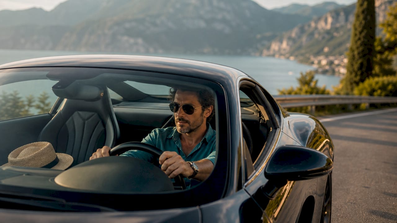 Un automobilista sta guidando verso il lago di Garda seguendo le indicazioni del navigatore.