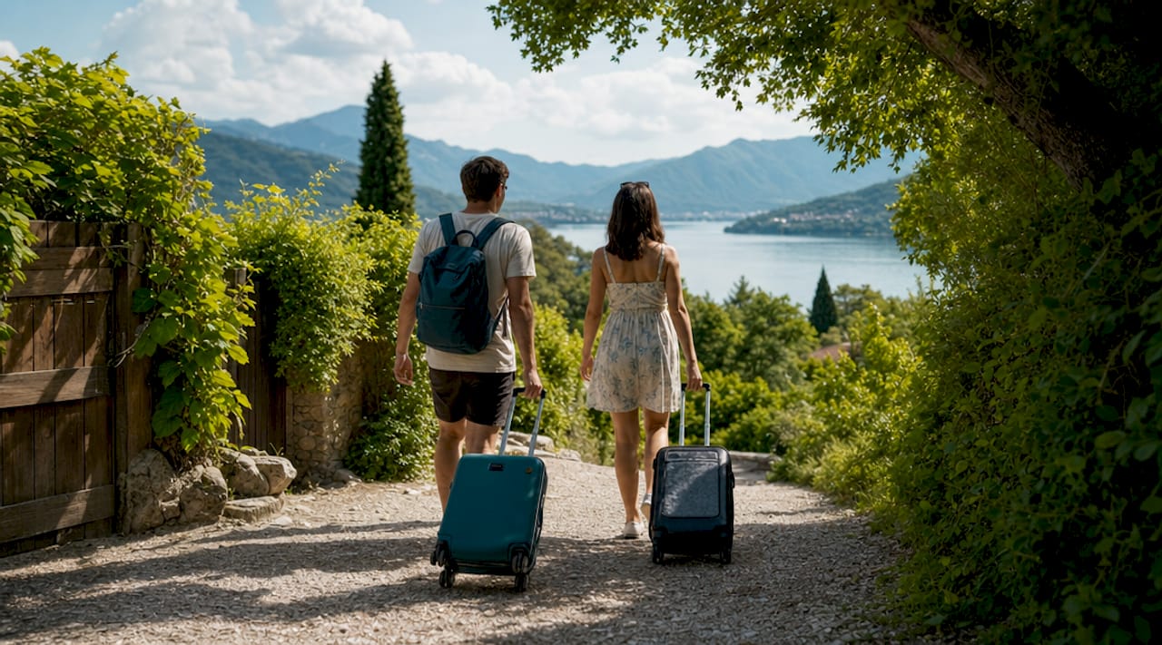 Al mattino, alcuni turisti si incamminano verso le rive del lago di Garda.
