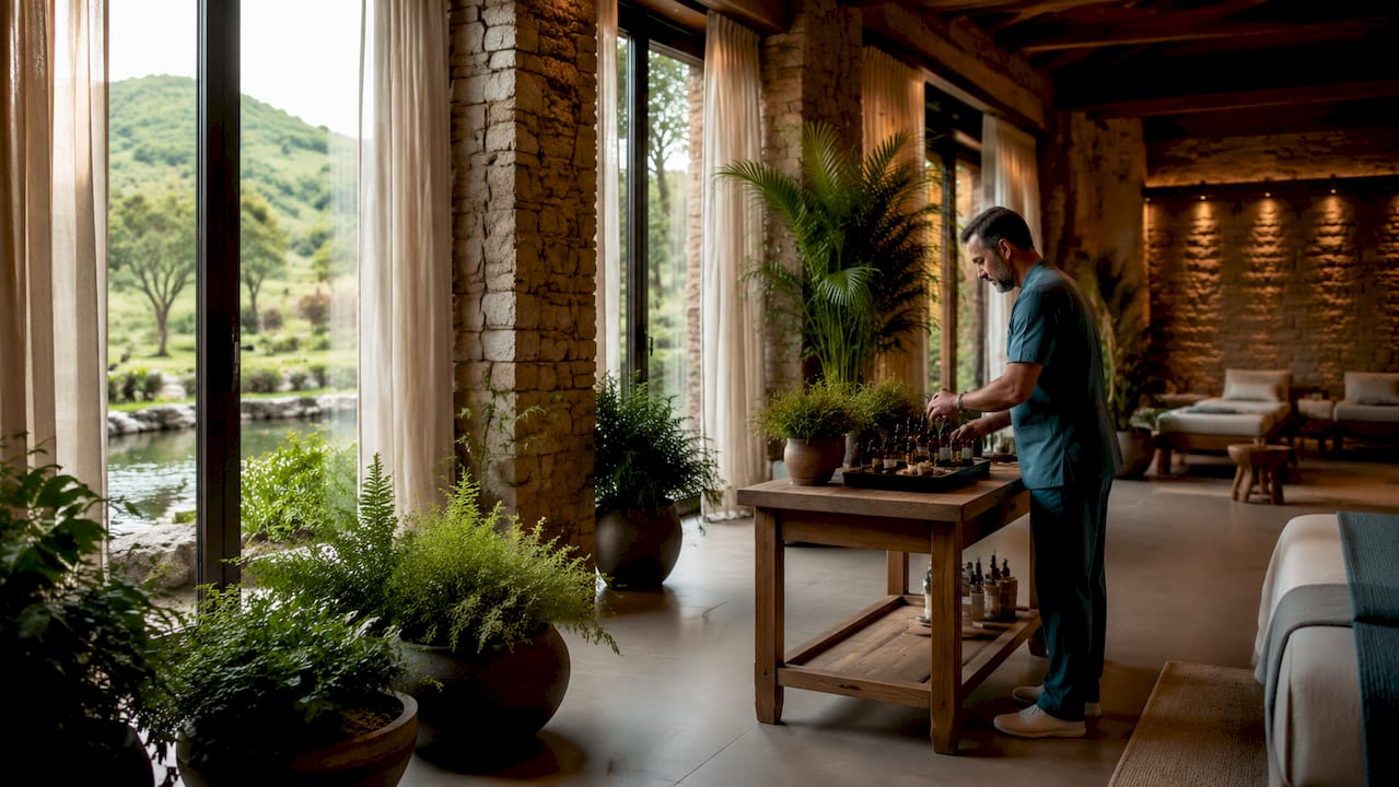 Spa dallo stile biofilico, caratterizzata dall’uso di materiali naturali