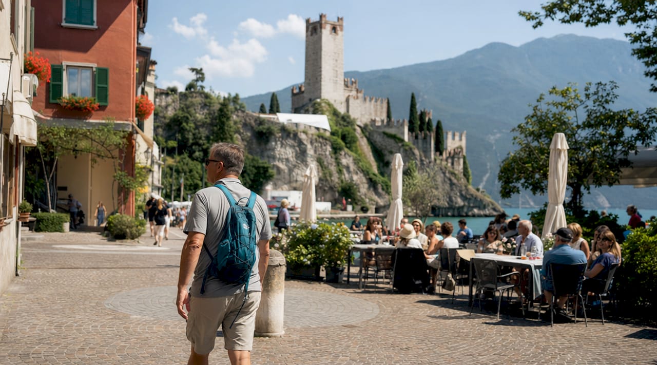 Un turista passeggia sul lungolago di Riva del Garda, a pochi passi dall’antico castello medievale.
