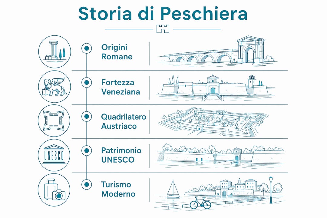 Scopri, attraverso un’infografica, i momenti più importanti che hanno segnato la storia di Peschiera del Garda.