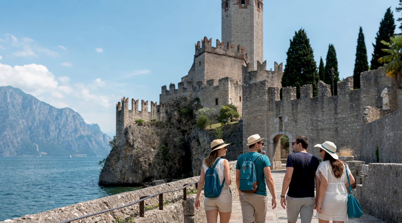 Il Castello Scaligero di Malcesine affacciato sul Lago di Garda, animato dai visitatori che ne esplorano le antiche mura.