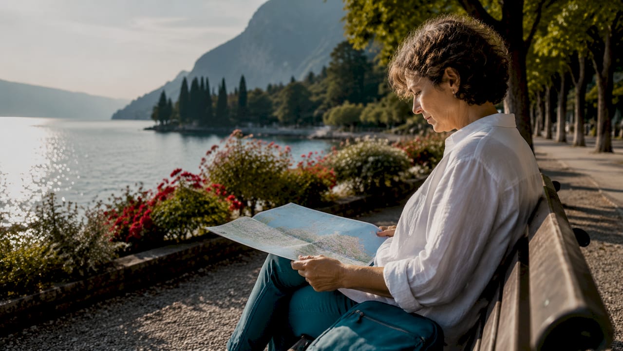 Una donna seduta al tavolo di un caffè vista lago, mentre consulta le diverse possibilità di alloggio per il suo prossimo soggiorno.