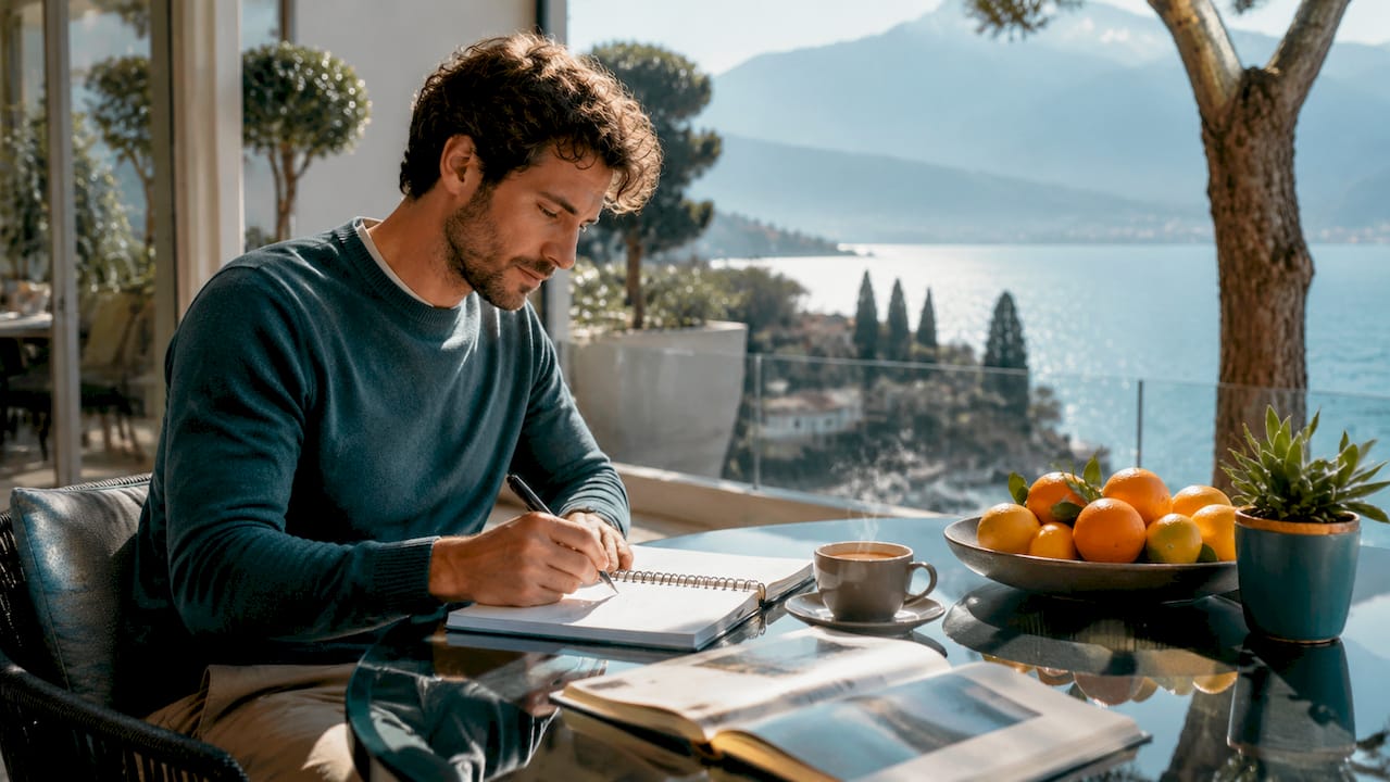 Un uomo seduto al tavolo della cucina sta organizzando una fuga per il weekend, sfogliando mappe e appunti mentre pensa alla meta ideale.