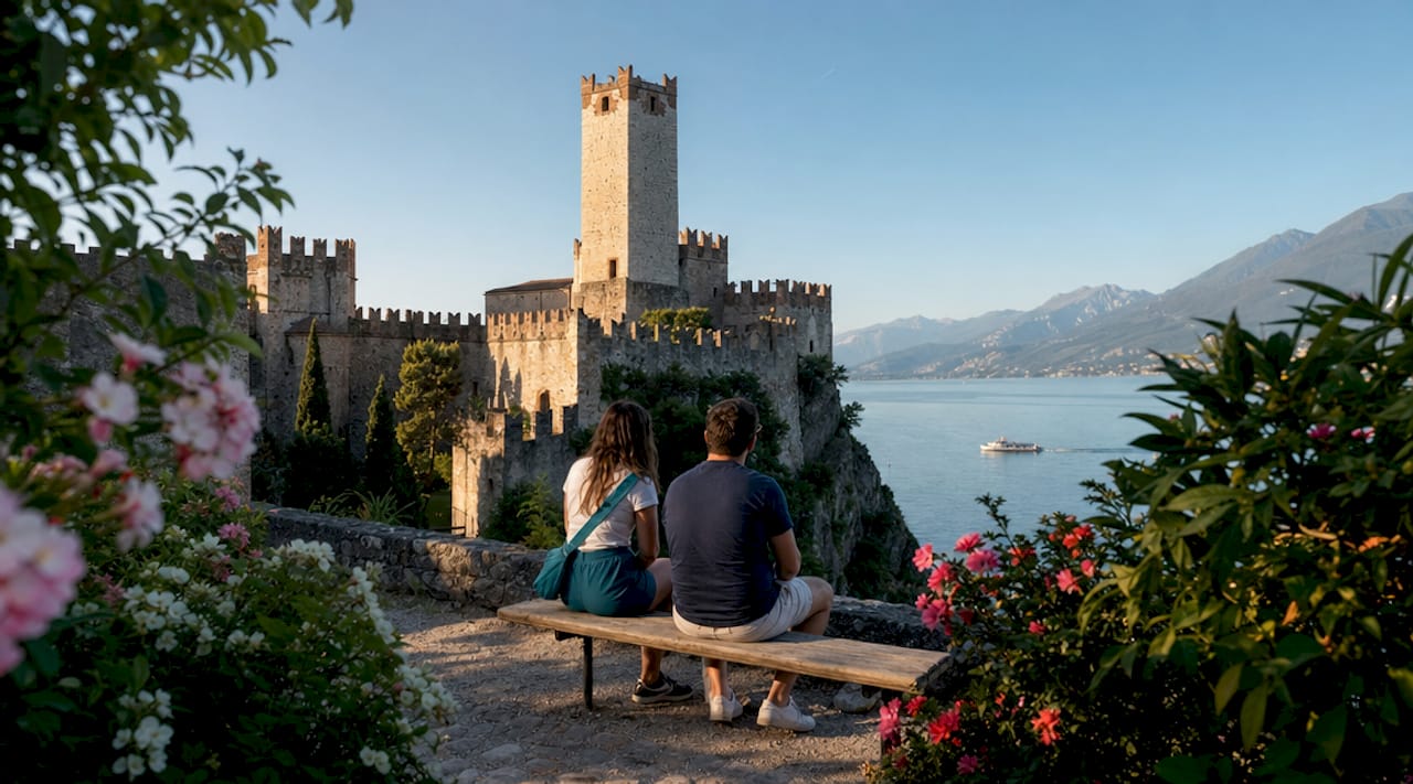 Il Castello Scaligero di Malcesine risplende sotto il sole, immerso nella splendida cornice del lago di Garda.
