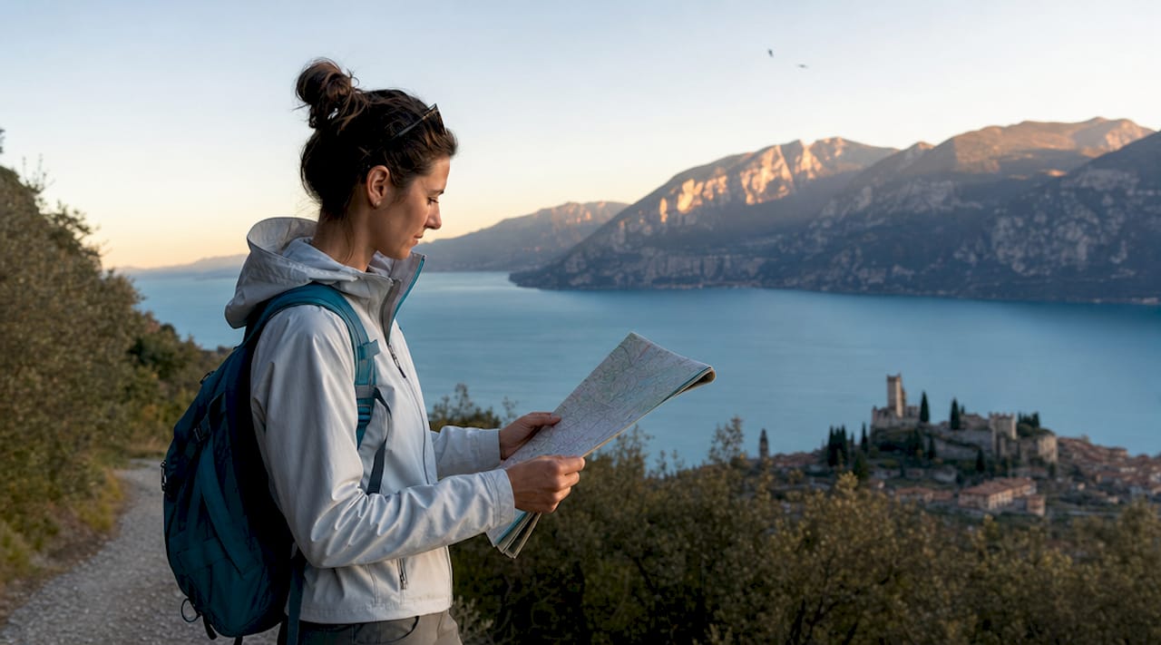Un turista si gode la vista mozzafiato su Malcesine, con il lago e il castello che dominano il paesaggio.
