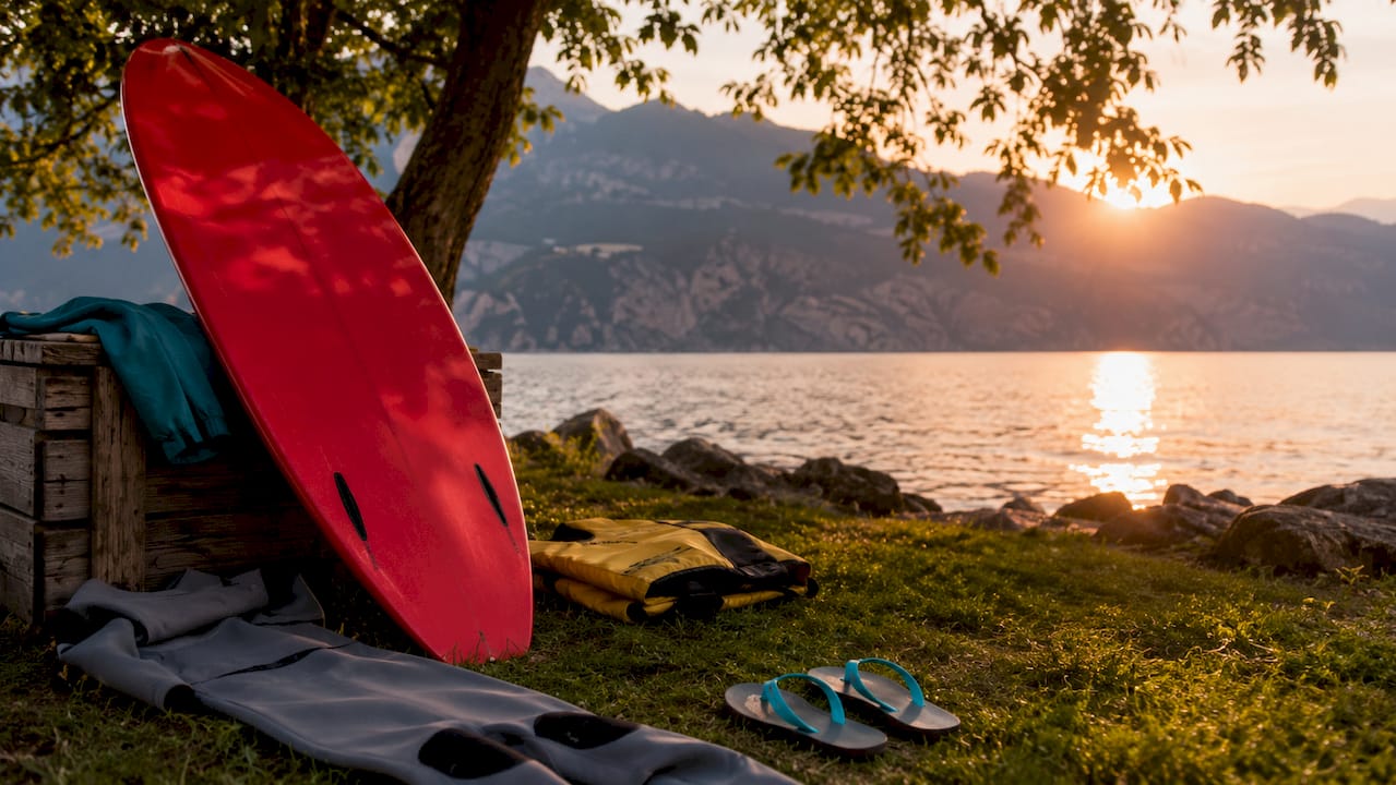 Attrezzatura da surf sistemata sul pontile di legno, con il lago di Garda sullo sfondo.