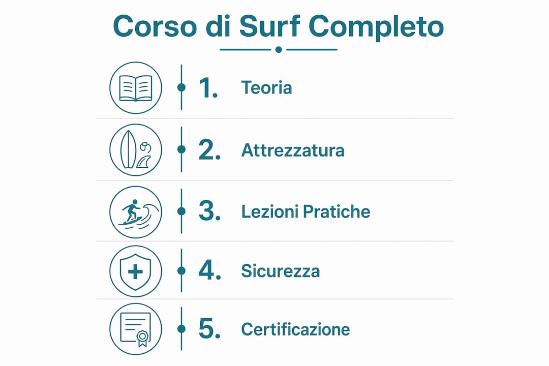 Infografica che illustra tutte le tappe di un corso di surf, dalla teoria alla pratica