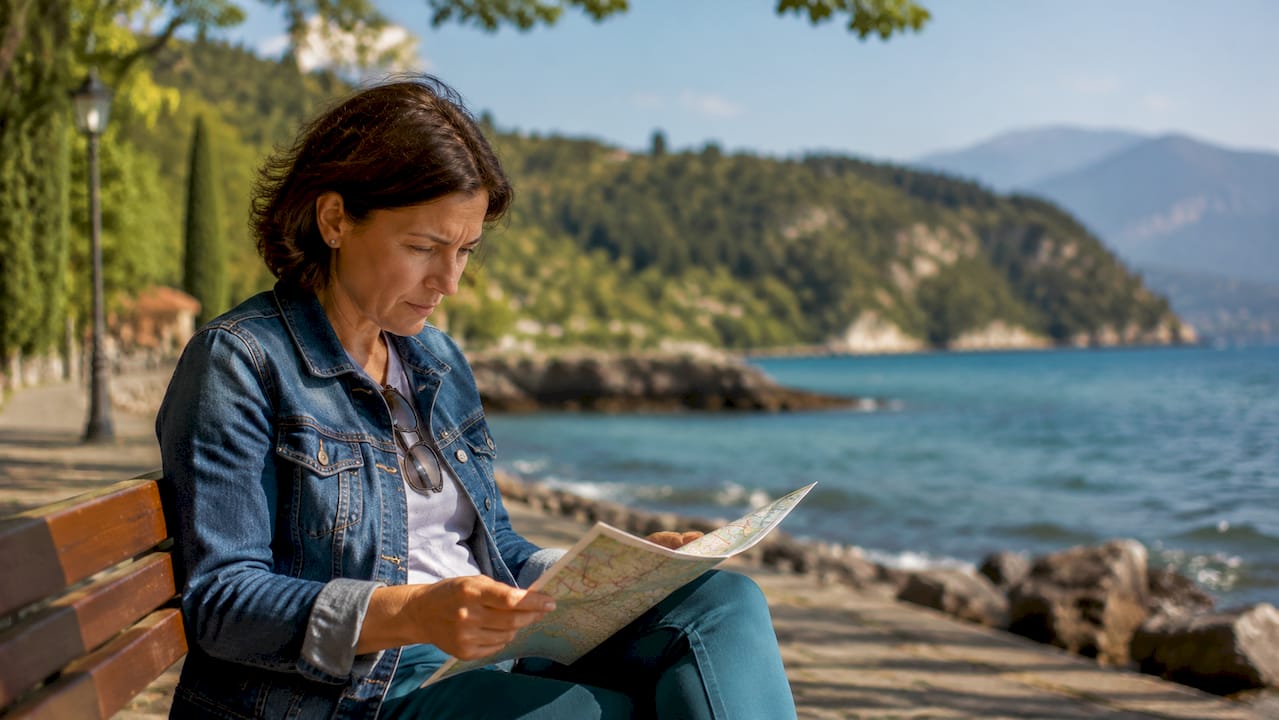 Una donna osserva attentamente la cartina del lago di Garda, cercando il percorso migliore per esplorare la zona.