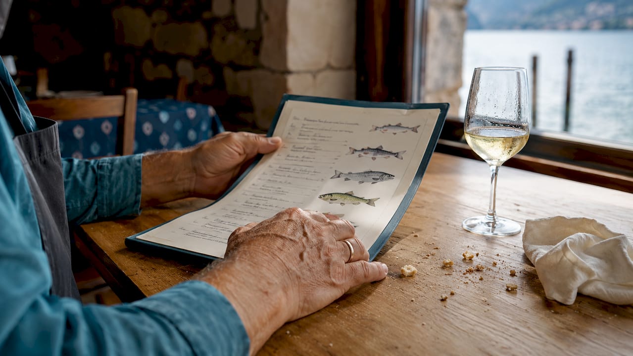 Sfogliando il menu, lo sguardo si sofferma sulle specialità di pesce fresco di lago, autentiche del territorio.