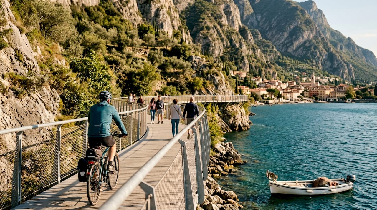 La spettacolare pista ciclabile sospesa sul lago a Limone sul Garda
