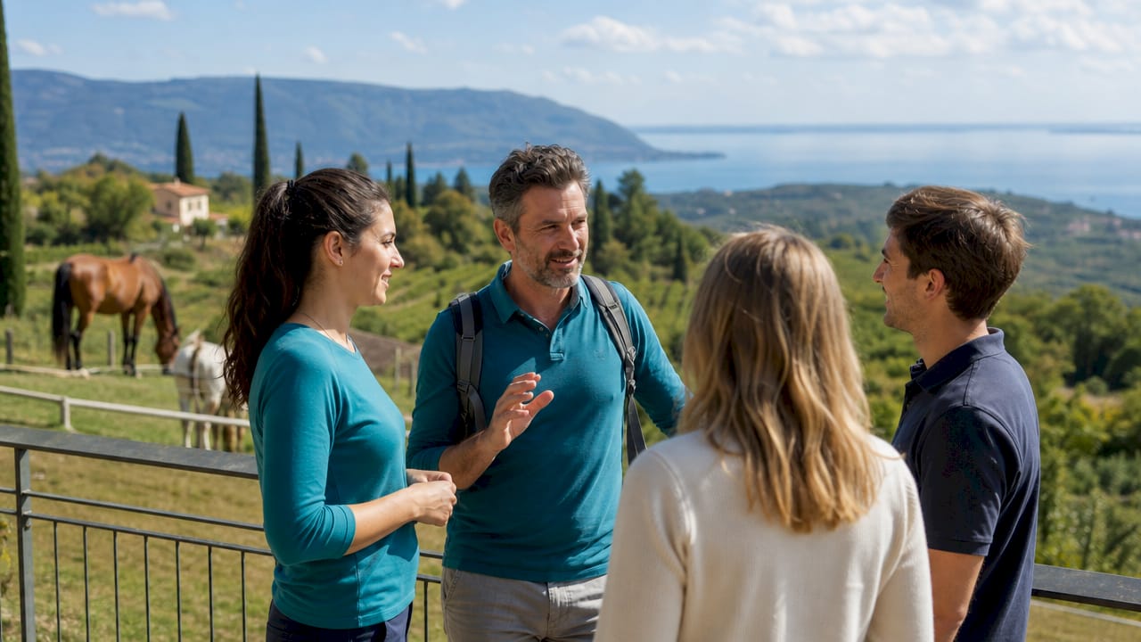 Un gruppo di persone passeggia lungo un sentiero tra i vigneti, vicino ad alcuni cavalli.