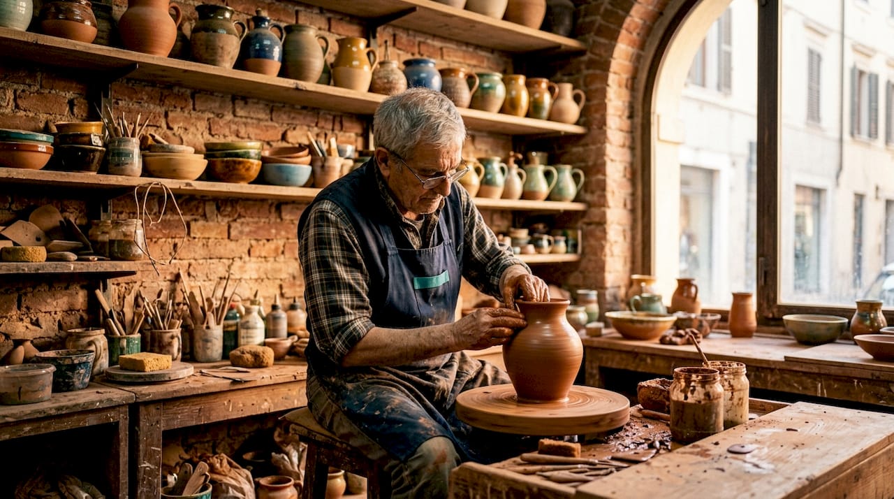 Le mani esperte dell’artigiano modellano la ceramica sul tornio tradizionale.