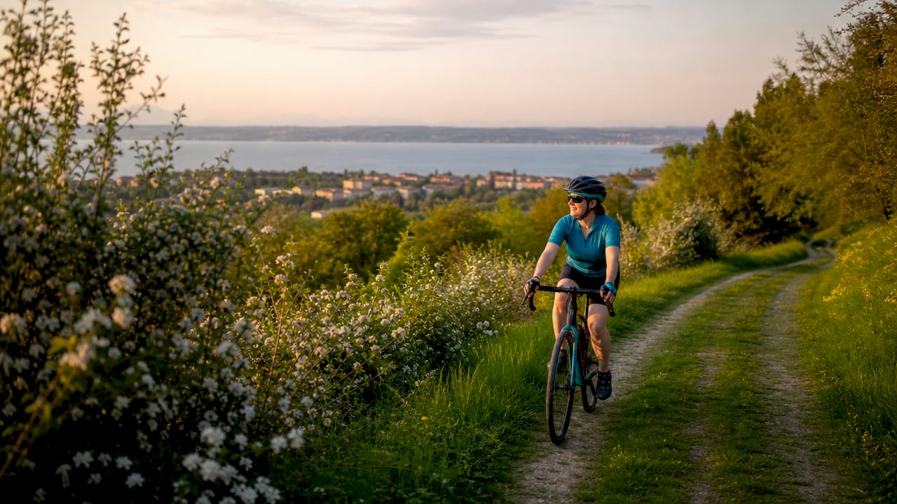 Una donna in bicicletta si gode la splendida ciclabile panoramica che costeggia il Lago di Garda.