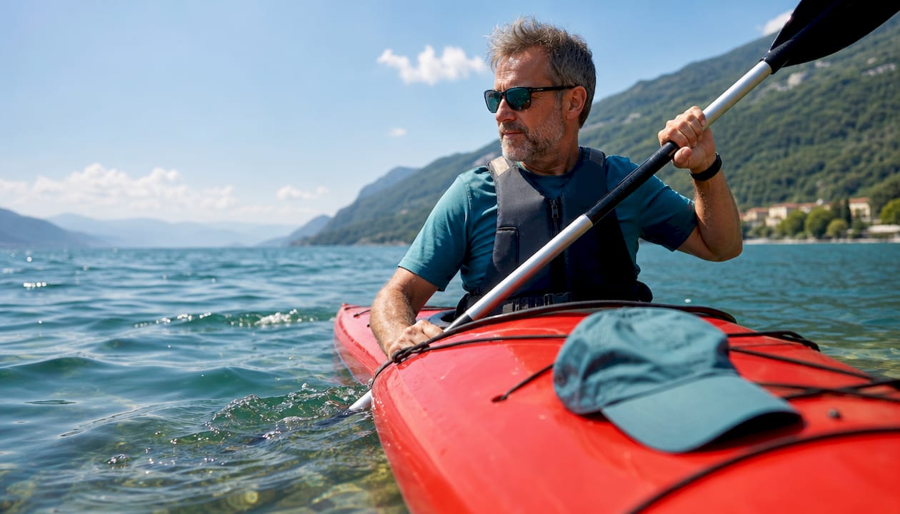 Un uomo pagaia tranquillo sul Lago di Garda, immerso nella luce dorata del mattino.