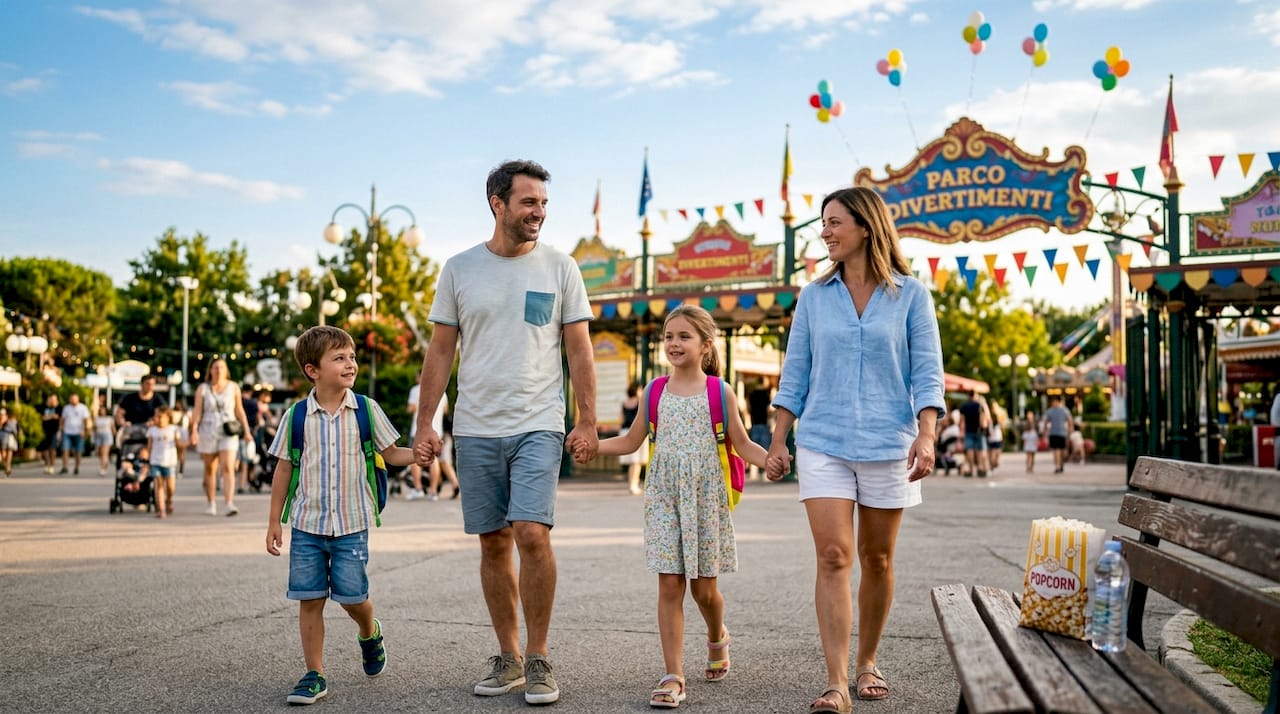 Una famiglia si prepara a vivere una giornata di divertimento entrando in un parco a tema sulle rive del Lago di Garda.