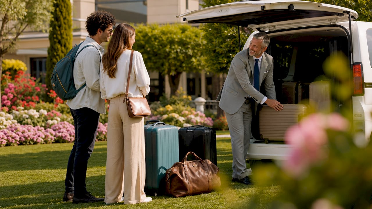 Il concierge dell’hotel accoglie gli ospiti e li aiuta a salire sulla navetta.
