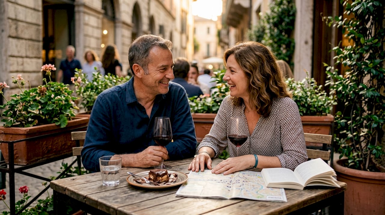 Coppia che si gode un calice di vino e un tagliere di salumi in un locale tipico di Verona