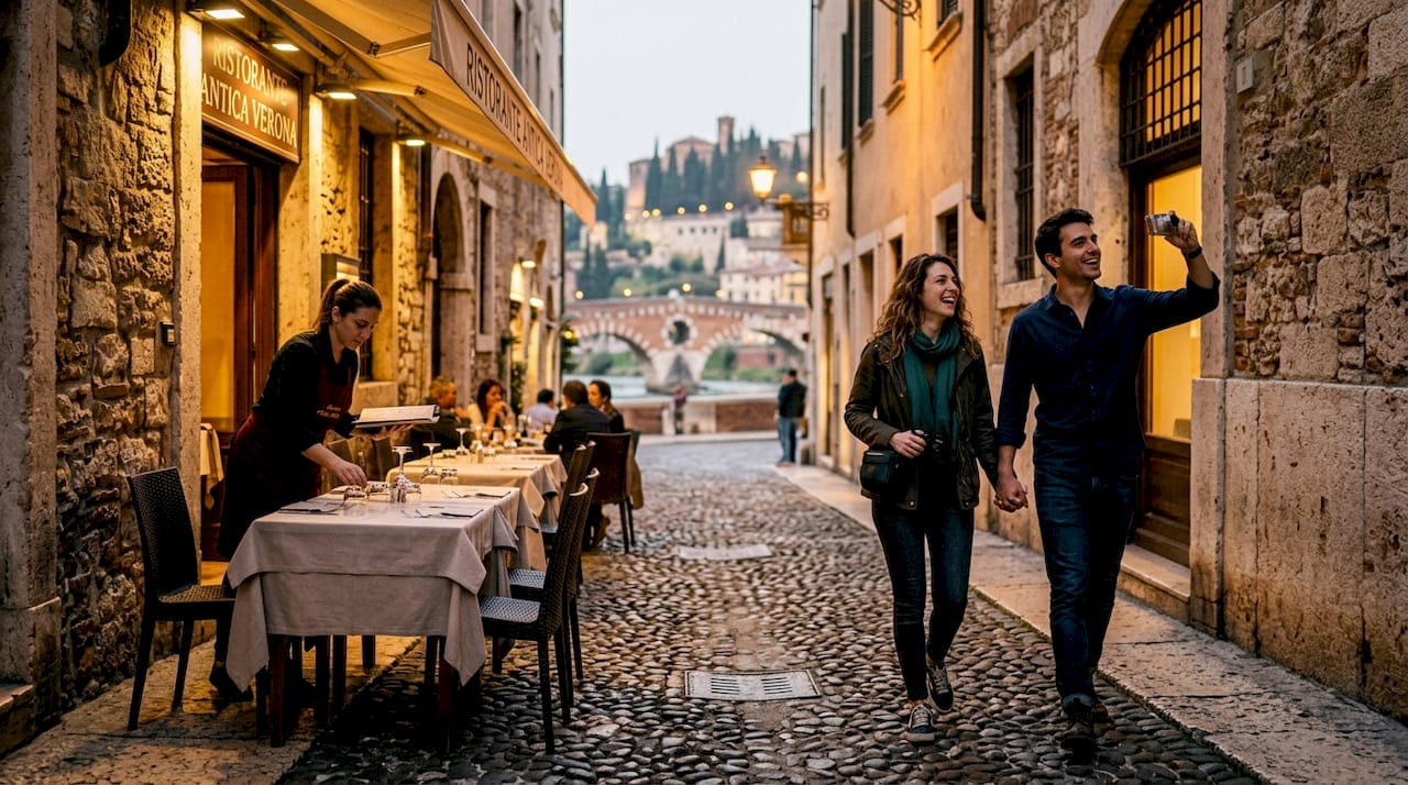 Una coppia passeggia mano nella mano tra le vie romantiche di Verona, lasciandosi incantare dall’atmosfera magica della città.