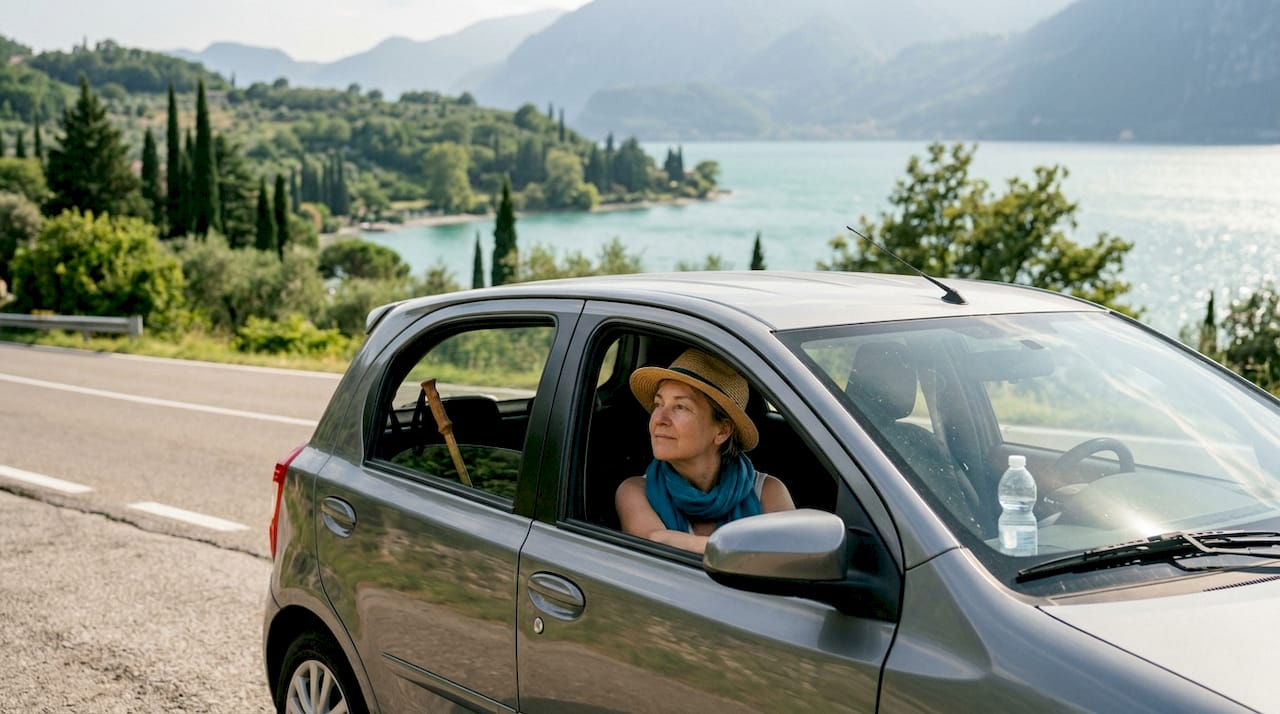 Un’auto parcheggiata con vista sul Lago di Garda che si illumina alle prime luci dell’alba.