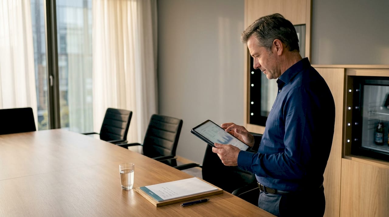 Il direttore dell’hotel controlla i dati dei sensori del minibar per monitorare i consumi degli ospiti.