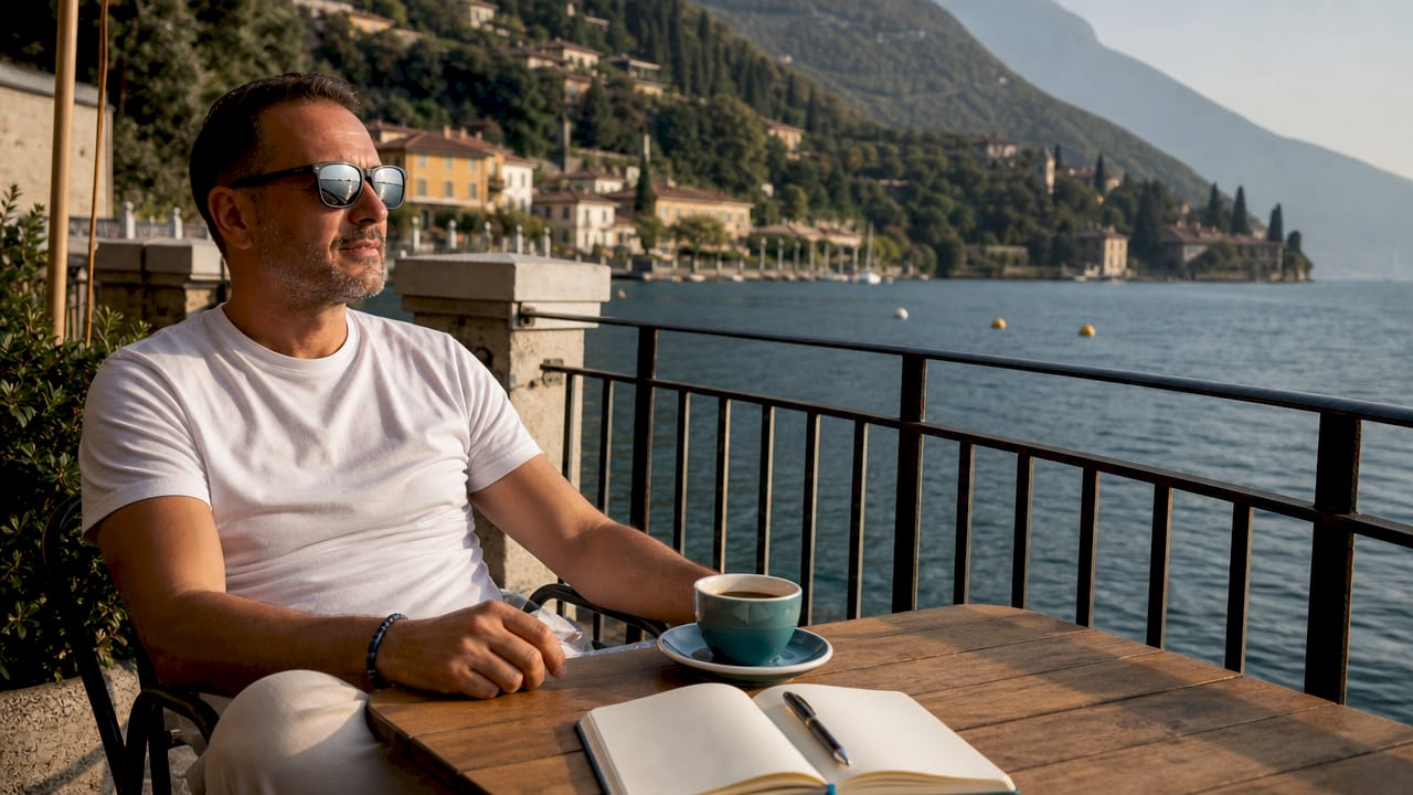 A bordo di un battello, mi godo il suggestivo panorama del Lago di Garda.