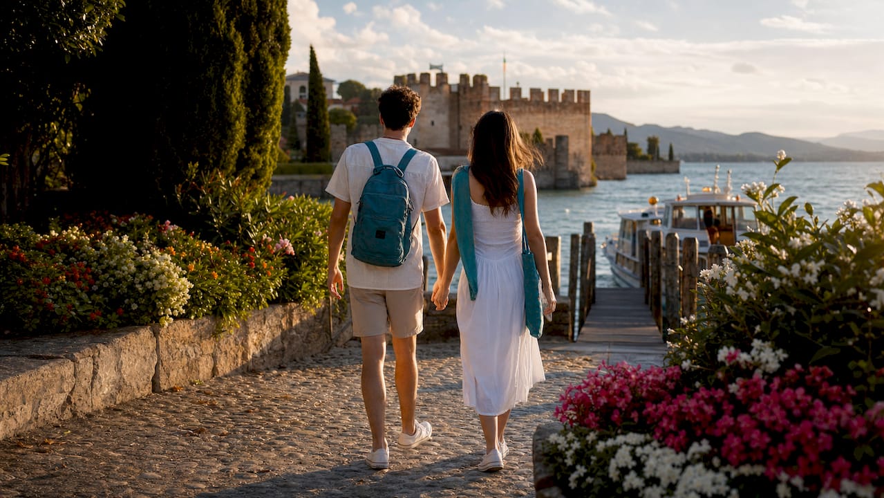 Una coppia si gode una passeggiata sul pontile, con il castello che si riflette nell’acqua e le barche che scorrono lente sullo sfondo.