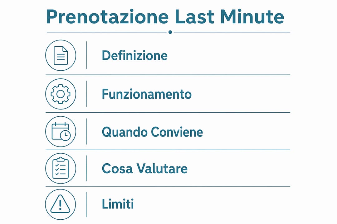 Infografica a sviluppo verticale che illustra il processo di prenotazione last minute