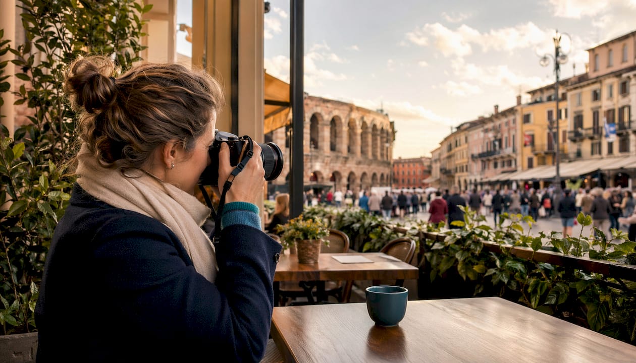 Turista intento a scattare una foto all’Arena di Verona durante una passeggiata nel cuore del centro storico.