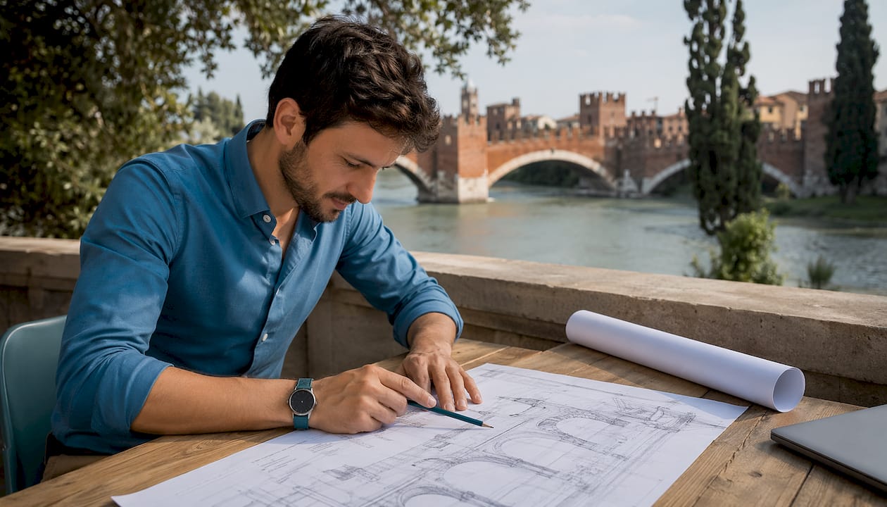 Un ingegnere sta esaminando i progetti tecnici di un ponte, valutando ogni dettaglio per garantire sicurezza e funzionalità.
