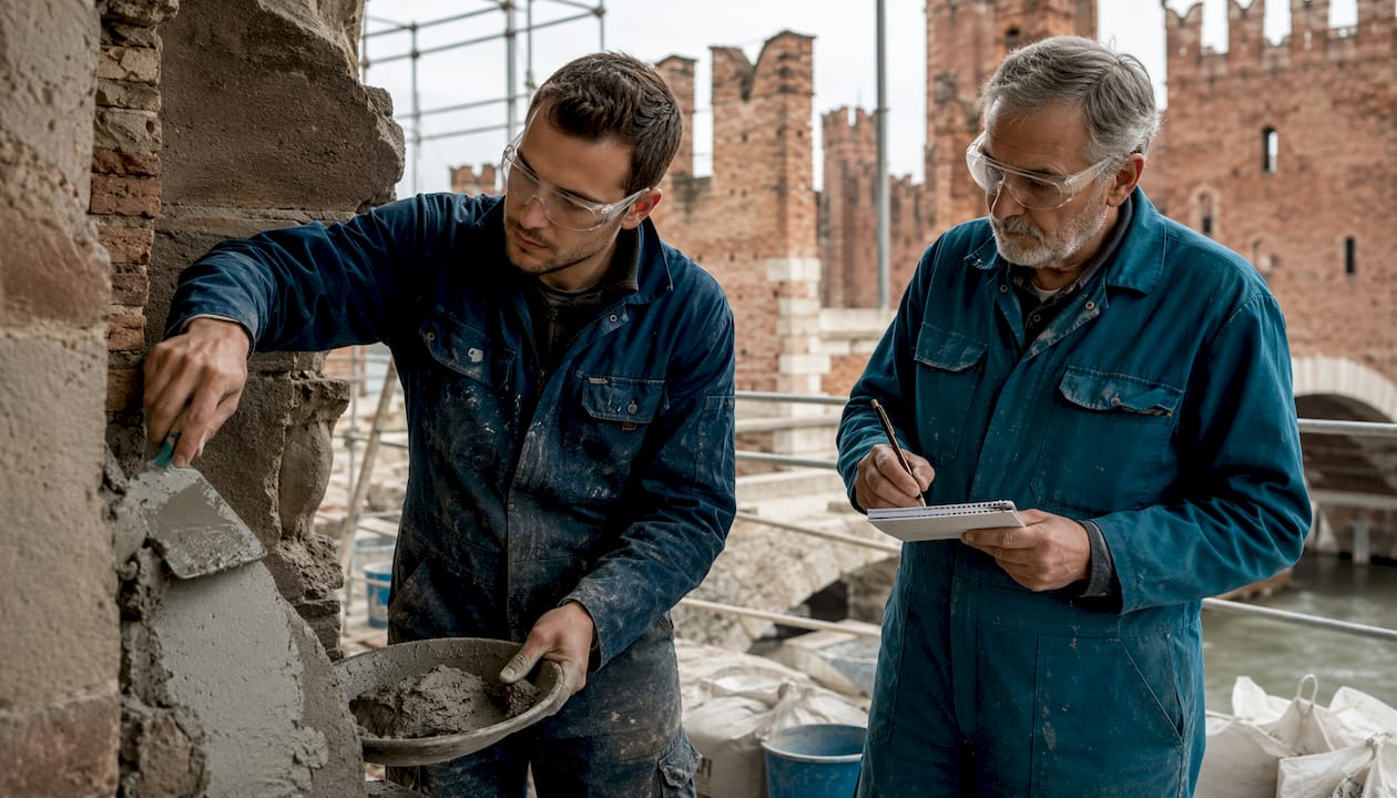 Maestranze al lavoro durante il restauro del ponte Scaligero
