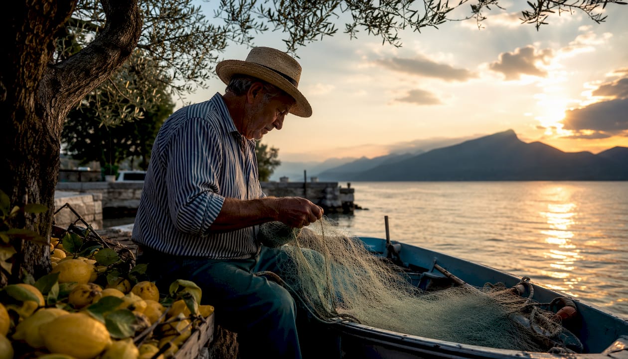 Il Lago di Garda avvolto dalla nebbia del mattino, con le montagne che si stagliano all’orizzonte.