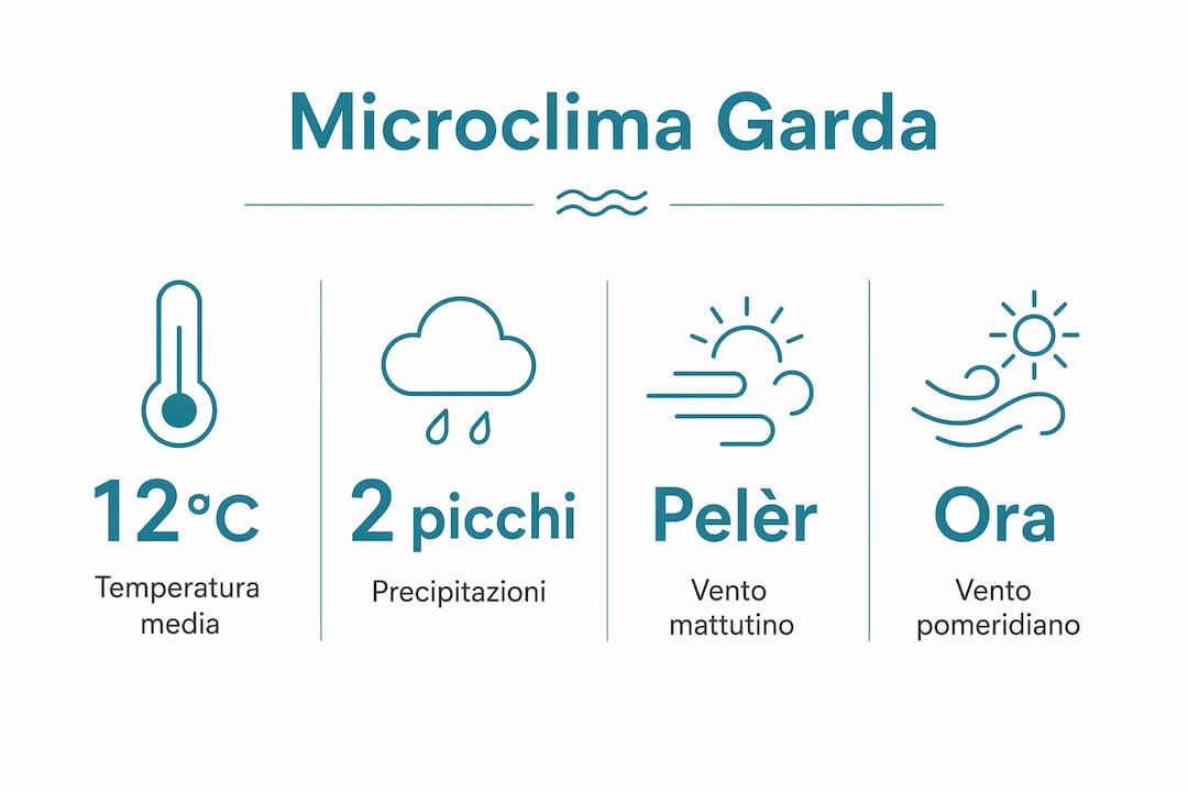 Grafico informativo sulle condizioni climatiche e i principali venti che caratterizzano il Lago di Garda