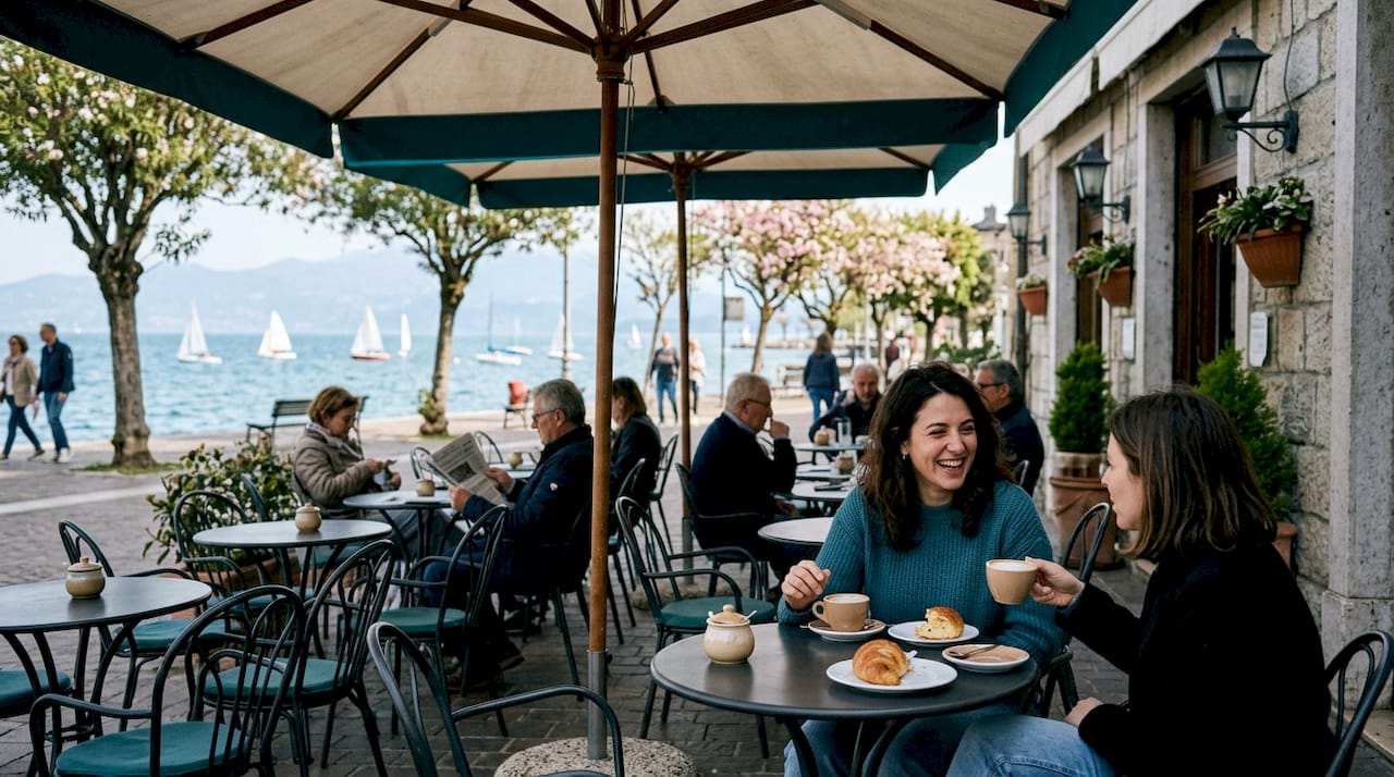Una passeggiata sul lungolago di Desenzano, tra persone che si godono il panorama e barche che ondeggiano sull’acqua.