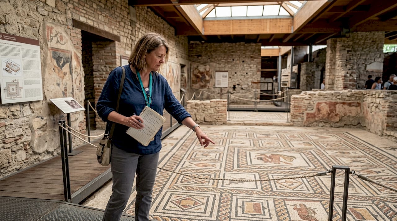 Un turista si sofferma ad ammirare i mosaici romani all’interno della Villa Romana, lasciandosi affascinare dai colori e dai dettagli delle antiche decorazioni.