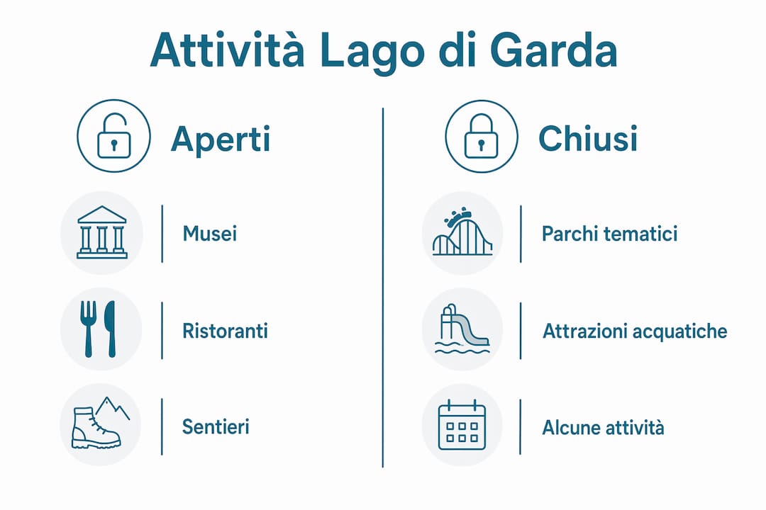 Guida visiva alle attività che trovi aperte e chiuse sul Lago di Garda durante l’inverno