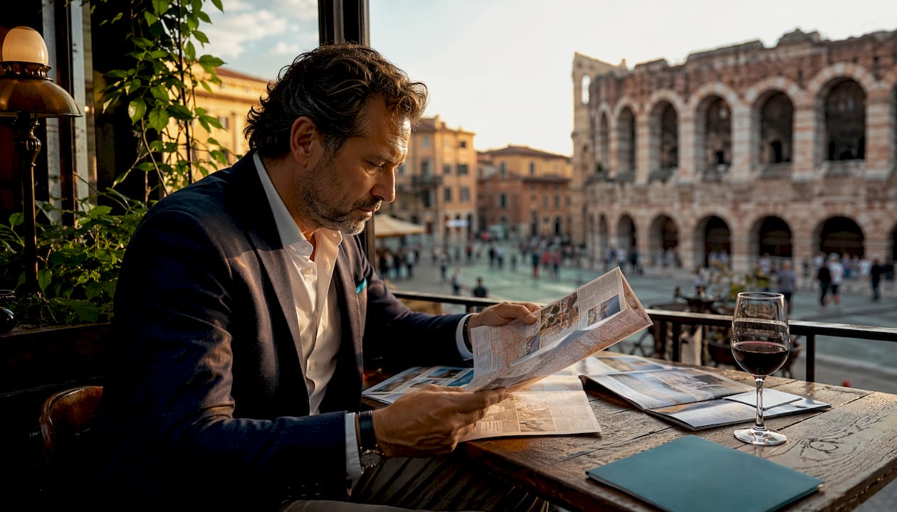 Un uomo seduto nella hall di un hotel a Verona mentre valuta le diverse strutture dove soggiornare.