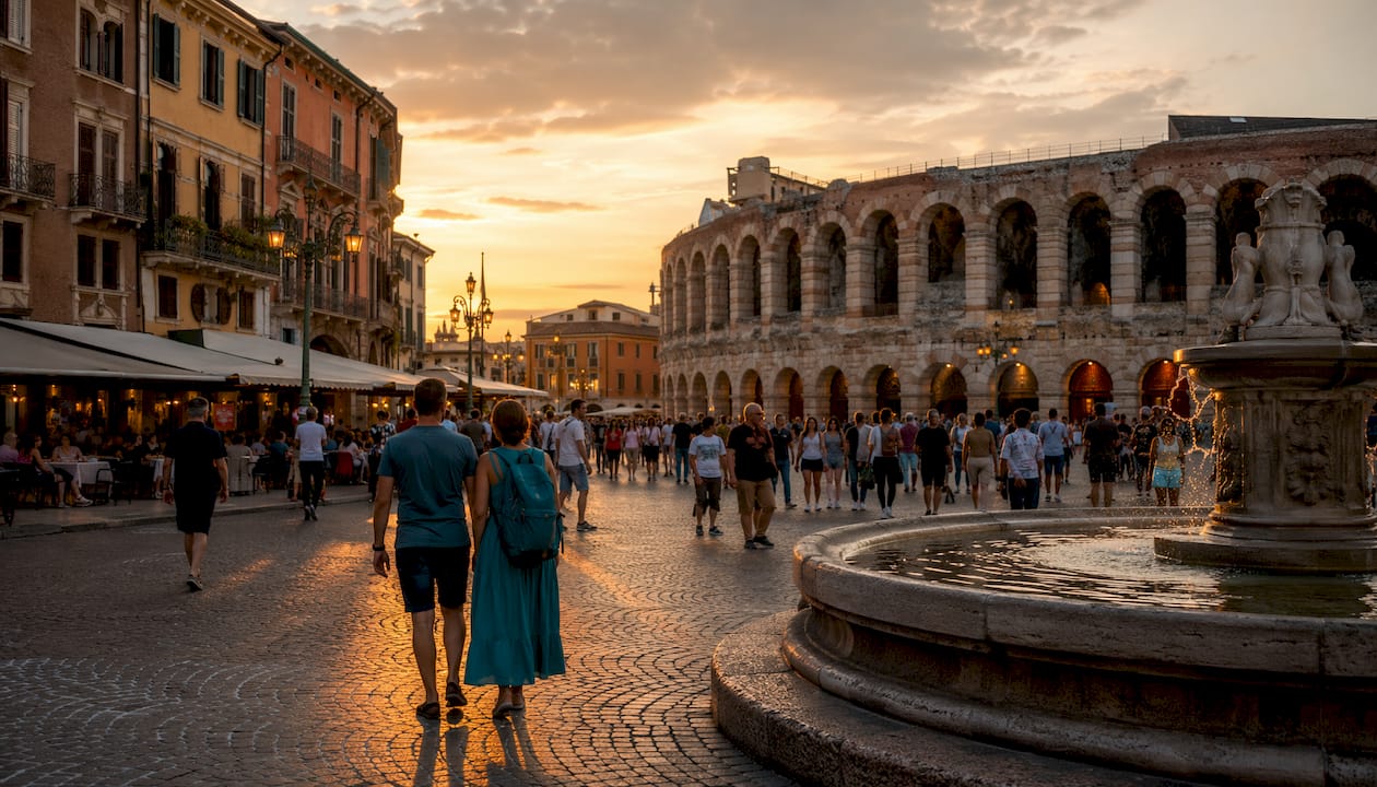 Panoramica di Piazza Bra a Verona, con l’Arena sullo sfondo e numerosi visitatori che animano la scena.