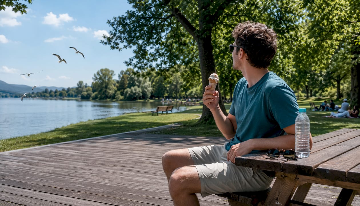 Un ragazzo sorseggia un caffè in un bar affacciato sul lago, godendosi il caldo tipico delle giornate estive.