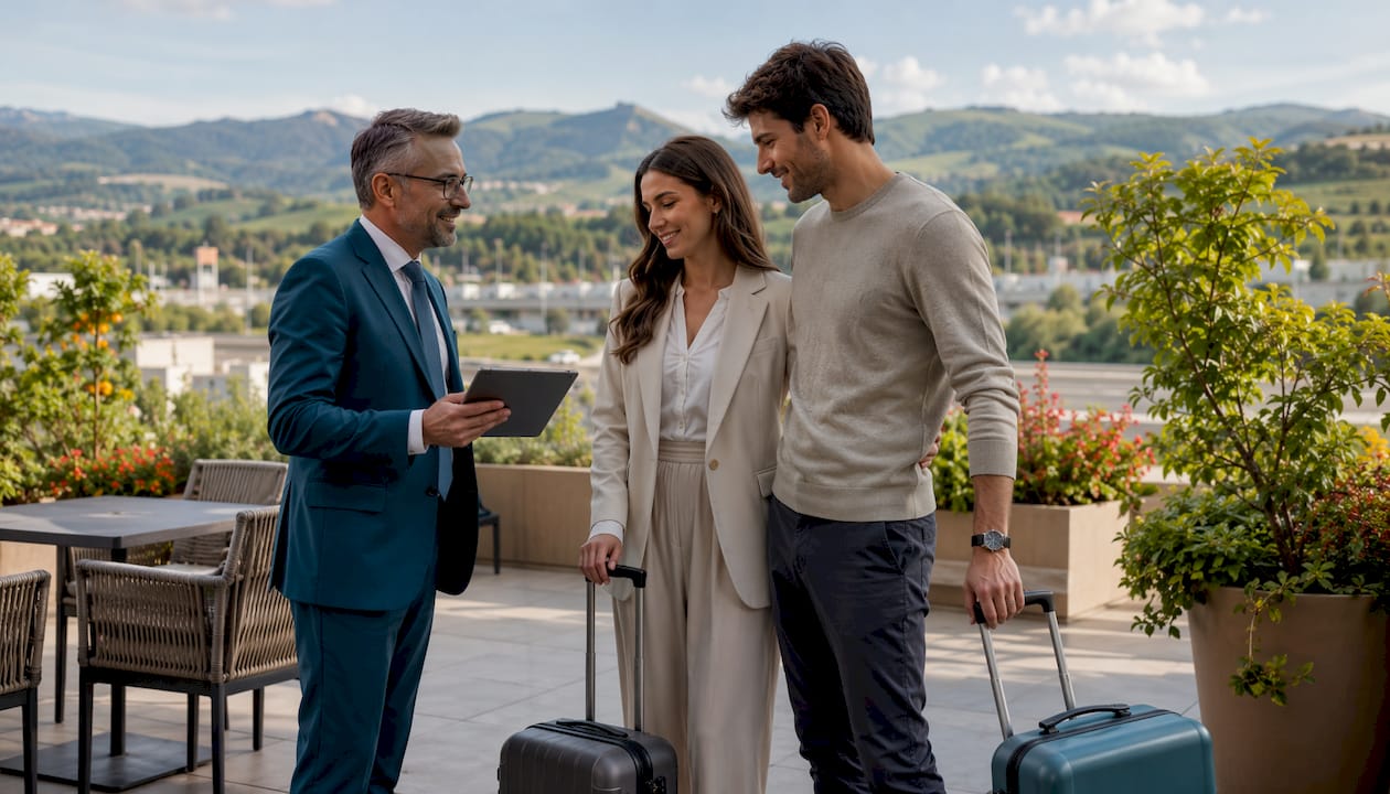 La receptionist accoglie e assiste gli ospiti nella hall dell’hotel, offrendo supporto e informazioni per garantire un soggiorno piacevole.