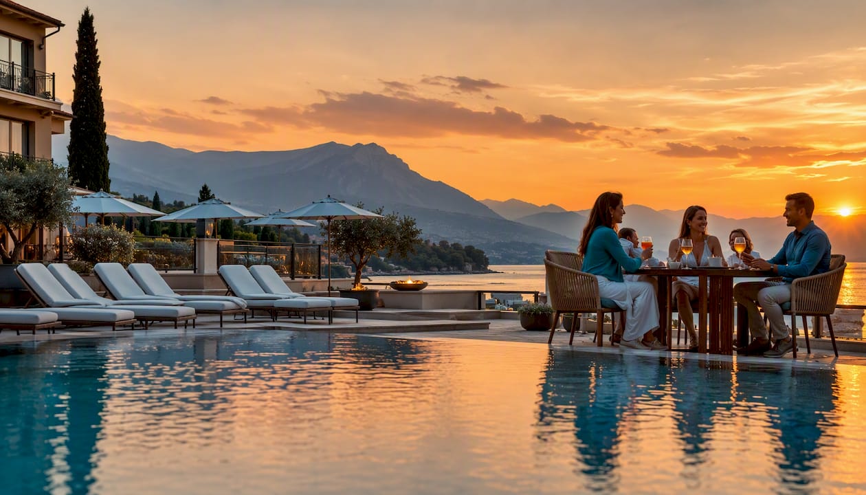 Hotel con terrazza panoramica sul lago, piscina e ambienti perfetti per il relax degli ospiti.