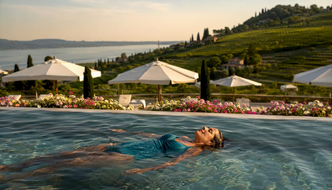 Una donna si gode un momento di relax immersa nella piscina di una spa affacciata sul lago.