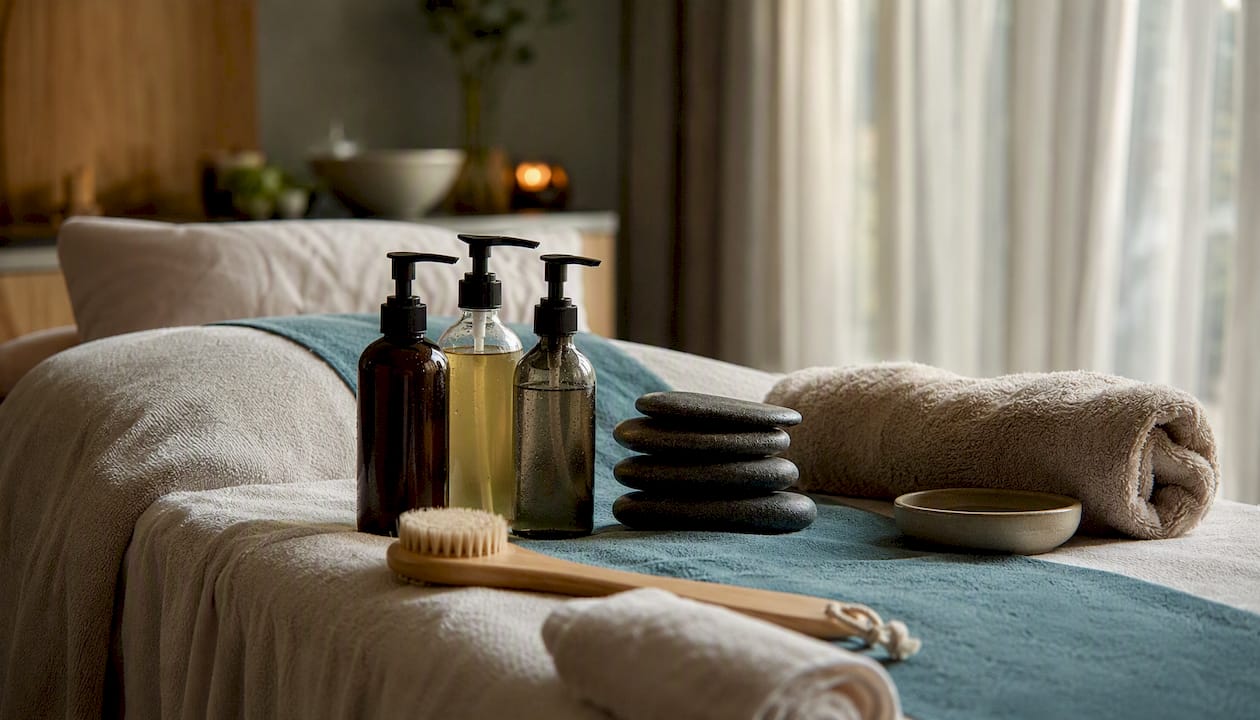 Lettino spa pronto per massaggi e trattamenti viso, con tutto l'occorrente sistemato per offrire un'esperienza rilassante e rigenerante.